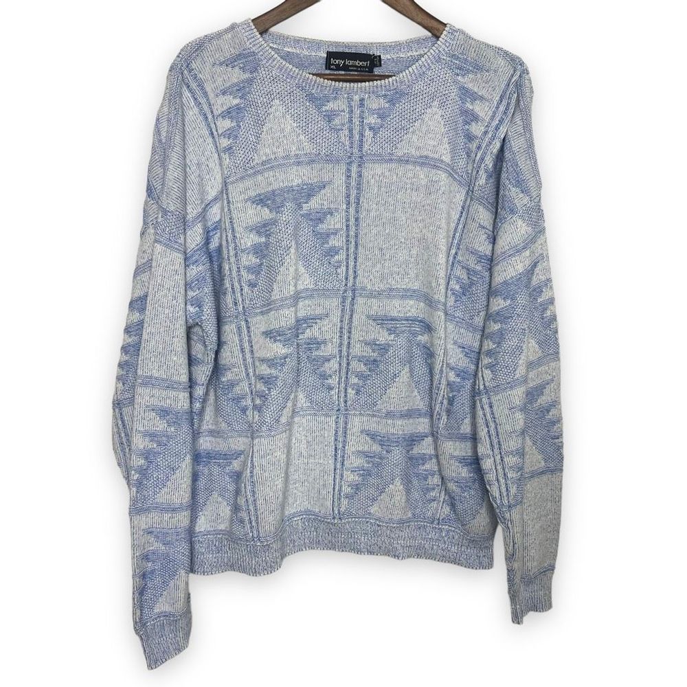 Tony Lambert Blue Crew Neck Textured Knit Long Sleeve Cotton Pullover Sweater XL